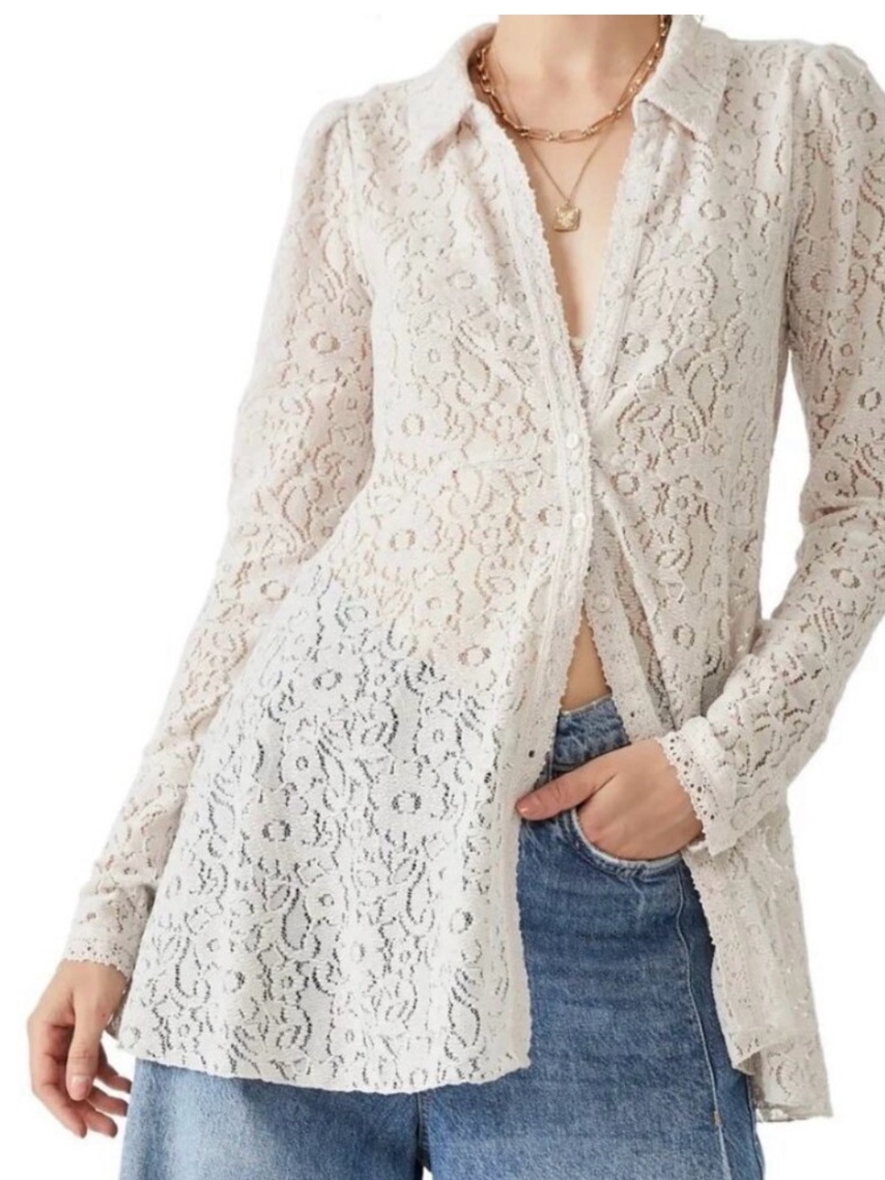 Free People Champagne Dream Heather Tunic Women Blouses Floral Lace Small